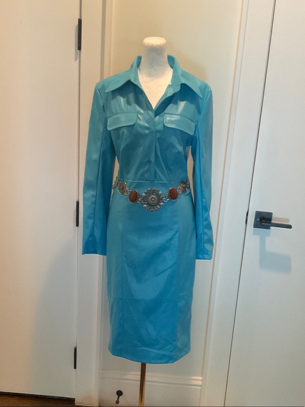 Long Sleeve Turquoise Shirt Dress with Decorative Belt
